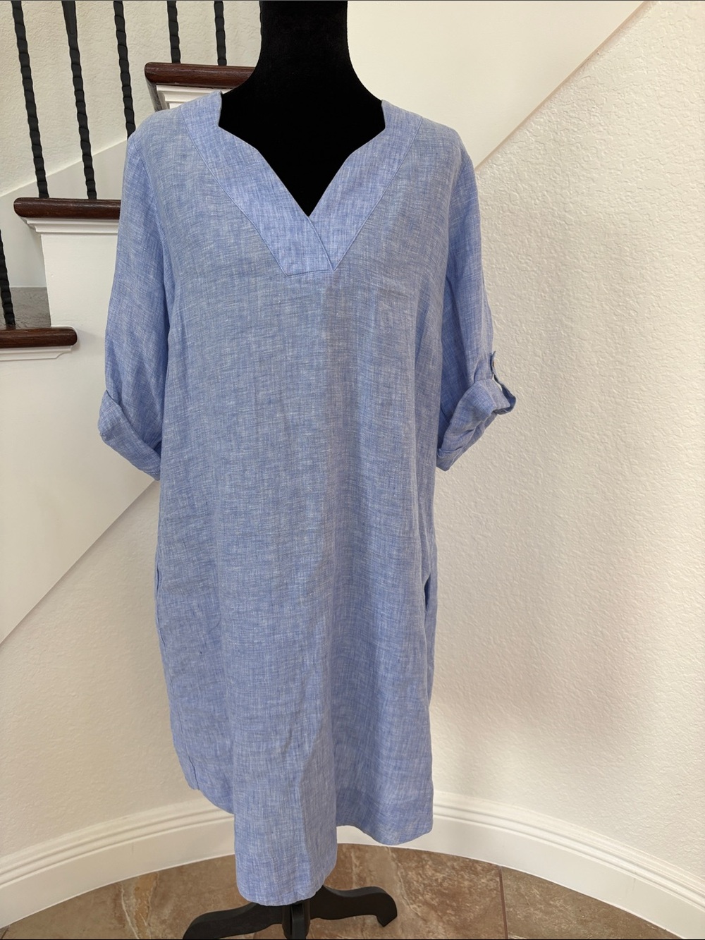 Foxcroft Linen Light Blue Linen V-Neck Midi Dress